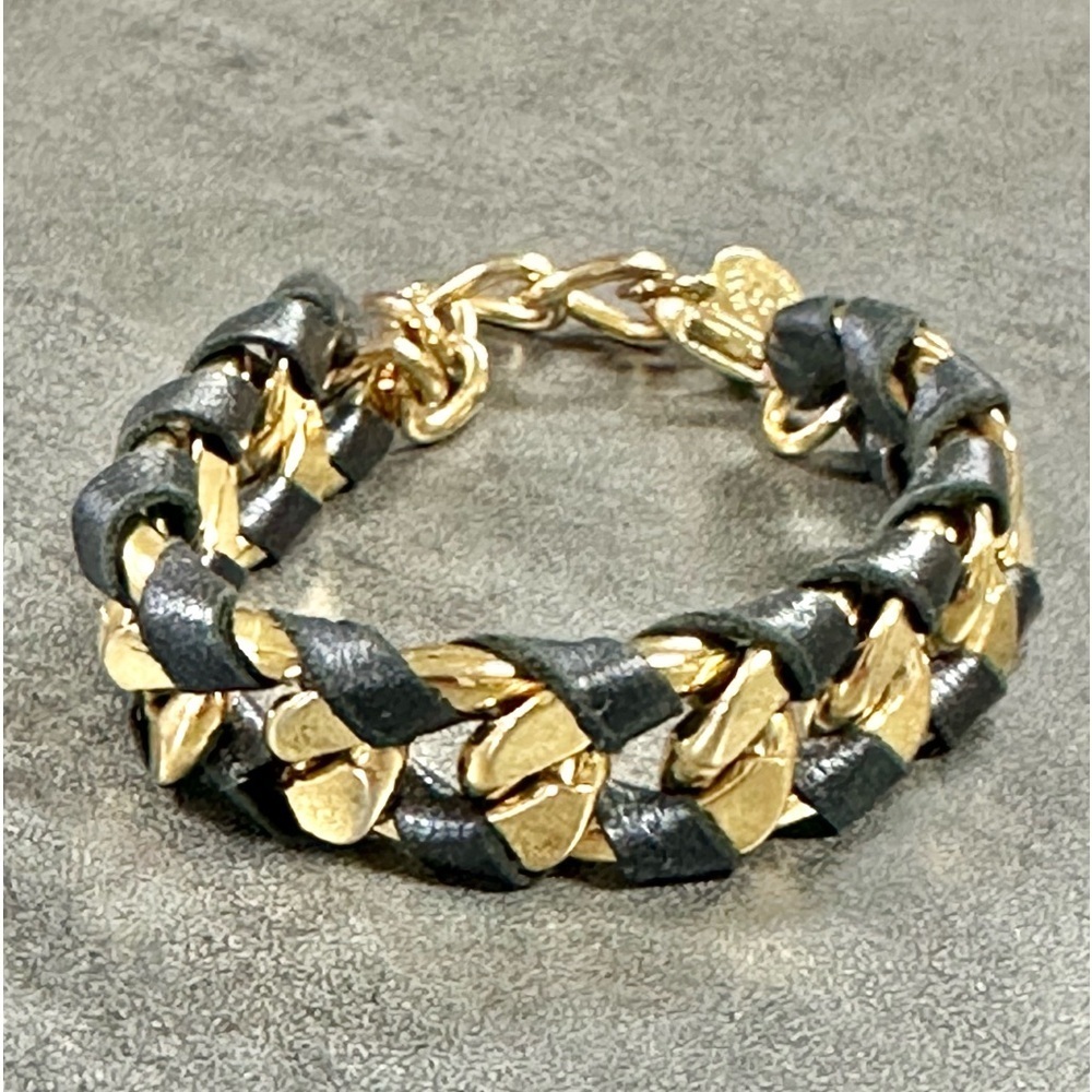 Skinny-Jessica Elliot Gold Tone Chunky Curb Chain Black Woven Leather Bracelet